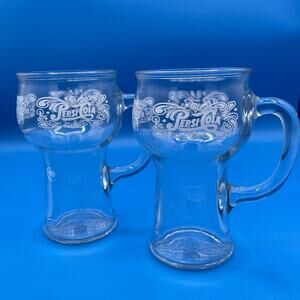 Vintage Lot of 2 Pepsi Cola Mug Glasses Embossed Bottom Design Handle